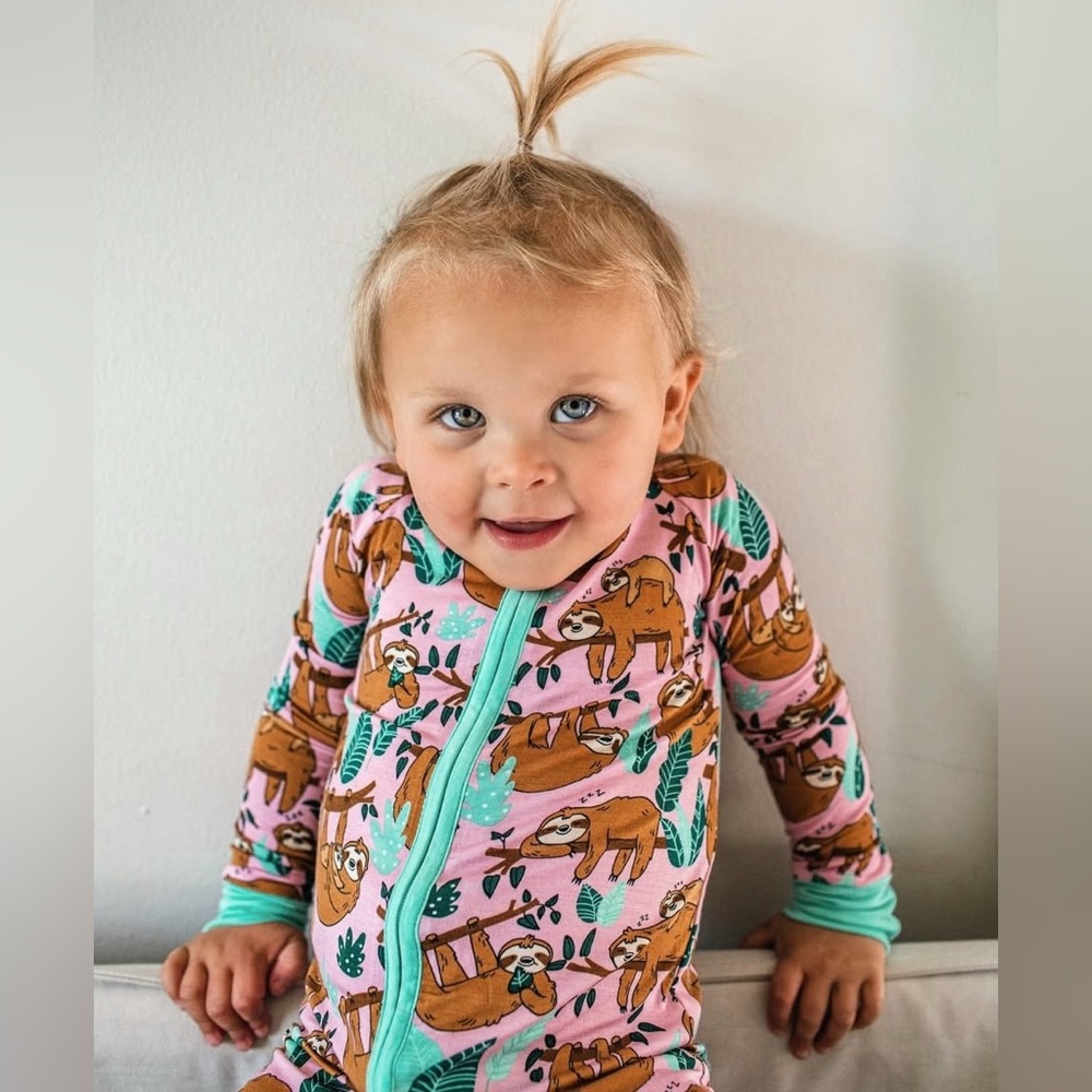 Little Sleepies Pink Sleepy Sloth Bamboo Zippy Pajamas Size 3-6M - Picture 2 of 12